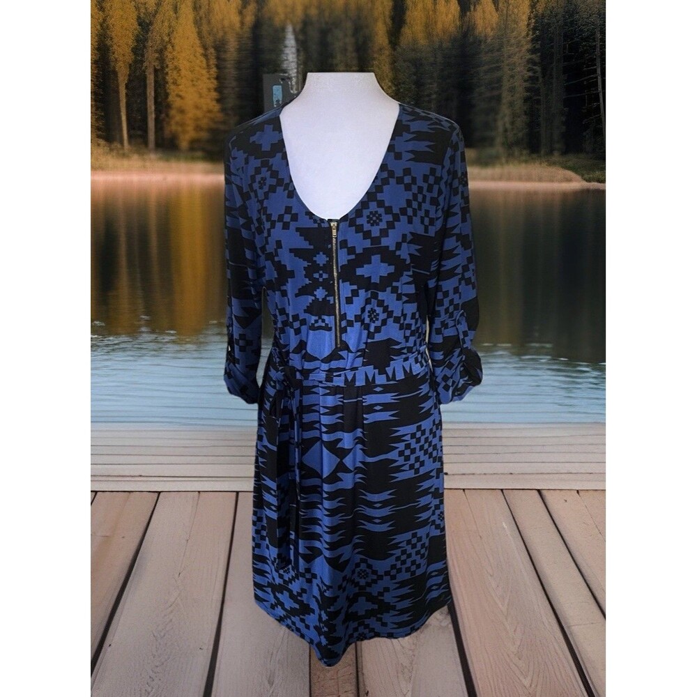 Tacera Blue Black Geo 1/4 Front Zip 3/4 Roll Tab Tie Belted Knee Length M Dress